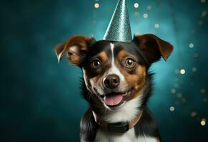 ai generato un' cane felicemente un' festa cappello contro un' blu sfondo, animale domestico foto