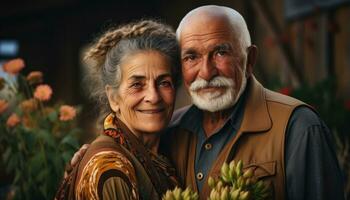 ai generato anziano coppia godendo natura bellezza insieme, contento attivo gli anziani immagini foto