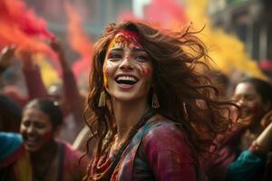 ai generato urbano tradizioni mescolanza eredità con contemporaneo holi, holi Festival immagini nel India foto