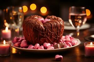 ai generato cuore sagomato cioccolatini illuminare un' romantico cena ambientazione, Fidanzamento, nozze e anniversario Immagine foto