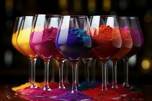 ai generato vino bicchieri ornato con sistemato holi polvere, holi Festival Immagine Scarica foto