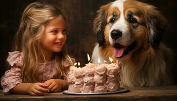 ai generato un' ragazza e sua cane celebrare insieme su un' compleanno torta, animale domestico fotografia foto
