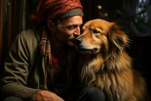 ai generato un' uomo gli amori di baci il suo d'oro cane da riporto, animale domestico foto