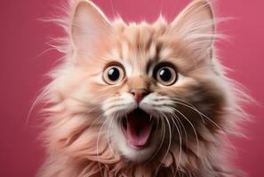 ai generato adorabile gatto sbadigli con rosa sfondo, animale domestico fotografia foto