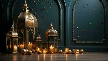 ai generato un' radiante d'oro lanterna impostato contro un' in profondità blu sfondo con d'oro sfere, eid e Ramadan immagini foto