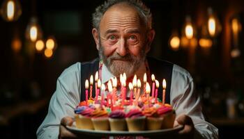 ai generato anziano individuale festeggiare con torta e candele, attivo gli anziani stile di vita immagini foto