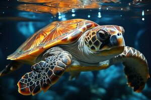 ai generato cattura il urto di plastica inquinamento su marino vita con un' mare tartaruga nel angoscia, ambientale concetto foto