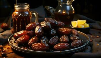 ai generato un' vicino su Immagine cattura il bellezza di date e Miele, eid e Ramadan immagini foto