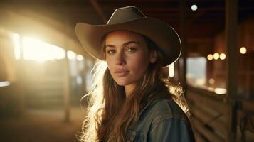 ai generato giovane ragazza su il azienda agricola indossare un' cowboy cappello. generativo ai foto