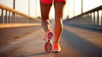 ai generato sportivo donna jogging nel il città foto