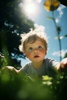 ai generato bambino strisciando nel il erba. generativo ai foto