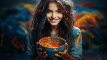 ai generato un' poco ragazza è festeggiare con colorato dipingere su sua mani foto
