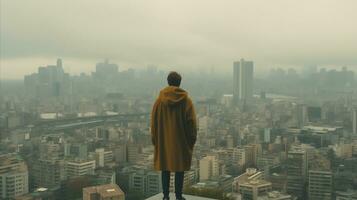 ai generato un' uomo indossare un' lungo cappotto orologi il città Visualizza a partire dal il tetto di un' grattacielo foto