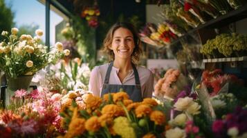 ai generato foto di fioraio donna tra fiori nel negozio. generativo ai