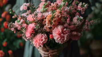 ai generato fioraio donna Tenere un' fiore mazzo preparato per San Valentino giorno foto