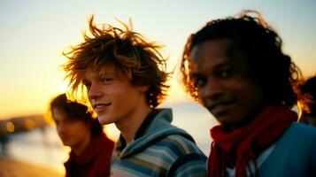 ai generato gruppo di adolescenziale amici avendo divertimento insieme su il spiaggia. generativo ai foto