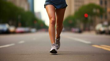 ai generato sportivo donna jogging nel il città foto