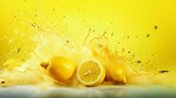 ai generato Limone giallo colore polvere spruzzo sfondo foto