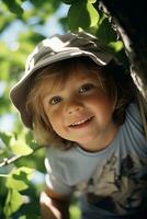 ai generato contento poco ragazzo indossare un' cappello. generativo ai foto