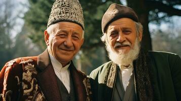 ai generato Due anziano uomini vestito nel tradizionale Abiti. generativo ai foto