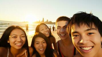 ai generato gruppo di adolescenziale amici avendo divertimento insieme su il spiaggia. generativo ai foto