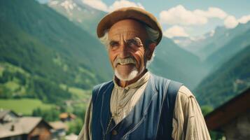 ai generato vecchio uomo nel un' villaggio con lussureggiante montagna Visualizza. generativo ai foto