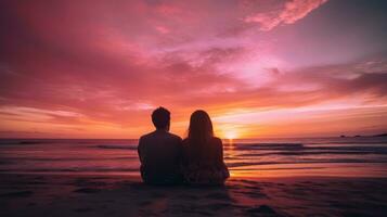 ai generato coppia su il spiaggia Guardando il tramonto. generativo ai foto