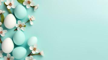 ai generato telaio sfondo con Pasqua dipinto uova con fiori su blu pendenza sfondo. bandiera con copia spazio. ideale per Pasqua promozione, primavera evento, vacanza saluto, annuncio pubblicitario foto