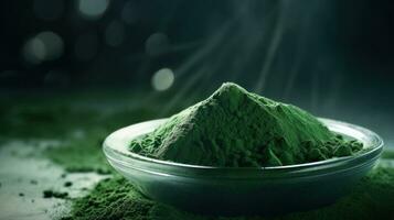 ai generato spirulina o clorella verde polvere nel un' ciotola su buio sfondo. secco alga marina. salutare supercibo. matcha polvere. vicino su. cibo supplemento. per pubblicità, confezione, etichetta, mercato foto