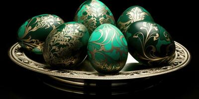 ai generato Sette Smeraldo Pasqua uova nel un' piatto. foto