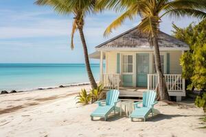 ai generato spiaggia davanti bungalow con sabbioso toni Esposto alle intemperie otturatore foto