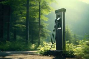 ai generato elettrico auto ricarica stazione nel il foresta su un' nebbioso giorno, elettrico veicolo ricarica stazione con energia cavo fornitura tappato stazione, ai generato foto