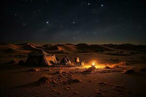 ai generato turista tenda nel il deserto a notte con stellato cielo, ai generato foto