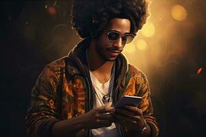 ai generato ritratto di giovane africano americano uomo ascoltando per musica con cuffie e mobile Telefono, ritratto di un' bello afro uomo utilizzando il suo mobile, ai generato foto