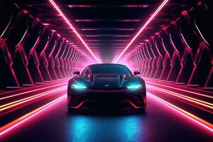 ai generato 3d interpretazione di un' gli sport auto nel un' tunnel con neon luci, auto nel un' tunnel con neon illuminazione, davanti Visualizza, ai generato foto