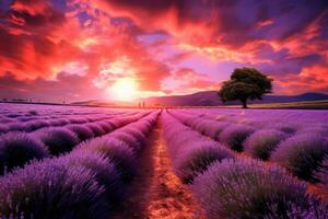 ai generato tramonto al di sopra di lavanda campo nel Provenza, Francia, un' travolgente tramonto al di sopra di un' pittoresco lavanda campo, ai generato foto