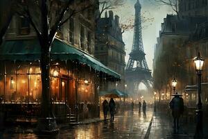 ai generato digitale pittura di un' strada nel Parigi, Francia con persone a piedi sotto un ombrello, ai generato foto