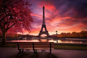 ai generato eiffel Torre a tramonto, Parigi, Francia. 3d rendering, ai generato foto