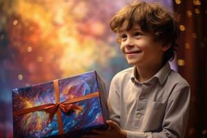 ai generato ritratto di un' ragazzo Tenere un' regalo scatola su un' festivo sfondo, bambino ha ricevuto un' grande compleanno regalo, ai generato foto