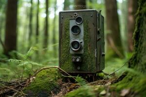 ai generato vecchio telecamera nel il foresta con muschio e felce su il terra, telecamera trappola o spiare foto telecamera nel il foresta, ai generato