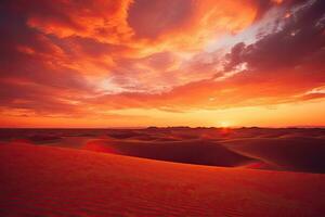 ai generato tramonto al di sopra di il sabbia dune nel il sahara deserto, Marocco, ai generato foto