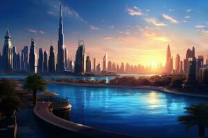 ai generato bellissimo tramonto nel dubai, unito arabo emirati. 3d rendering, dubai e il persiano golfo nel il sera, ai generato foto