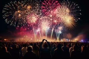 ai generato folla Guardando fuochi d'artificio nel il notte cielo. colorato fuochi d'artificio sfondo, nuovo anni vigilia fuochi d'artificio folla posteriore Visualizza festeggiando, ai generato foto