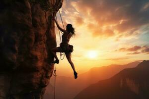 ai generato giovane donna arrampicata su un' scogliera a tramonto. 3d rendering, atletico donna arrampicata su strapiombo scogliera roccia con tramonto cielo sfondo, ai generato foto