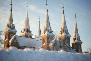 ai generato Chiesa campanili nel neve - generativo ai foto