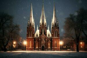 ai generato Chiesa campanili nel neve - generativo ai foto
