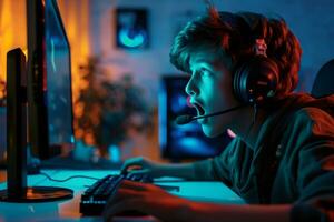 ai generato maschio gamer utilizzando computer nel camera con neon luci foto