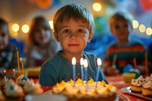 ai generato ragazzo è seduta a tavolo Il prossimo per compleanno torta con ardente candele foto