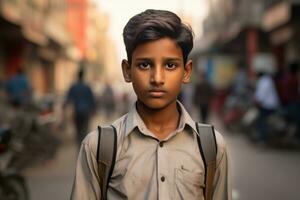 ai generato ritratto di tamil ragazzo a occupato indiano o Pakistan città strada foto