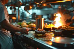 ai generato processi di cucinando un ordine nel cucina di veloce cibo ristorante foto